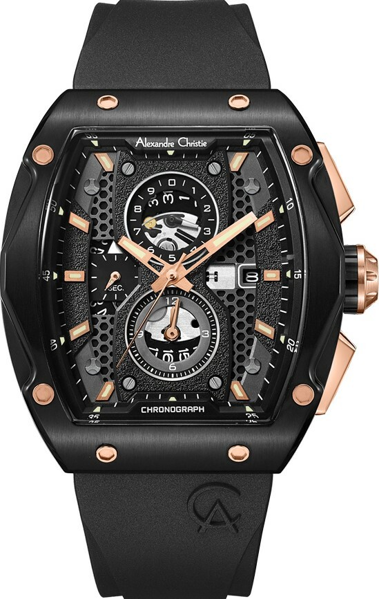 萬年鐘錶 - Alexandre Christie  6608MCR系列   經典配色石英氟橡膠三眼計時男錶  AC手錶 6608MCRBRBA  錶徑44MM