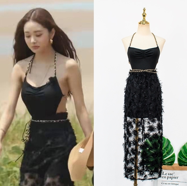 宋智雅同款_鍊條綁帶泳裝+網紗刺繡裙(套裝)