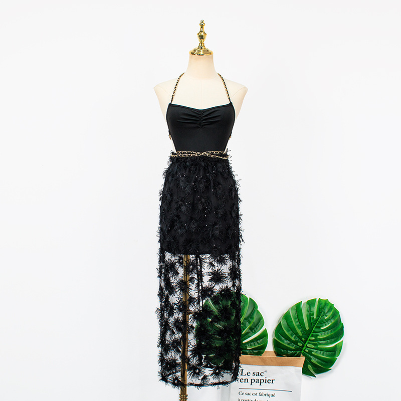 宋智雅同款_鍊條綁帶泳裝+網紗刺繡裙(套裝)