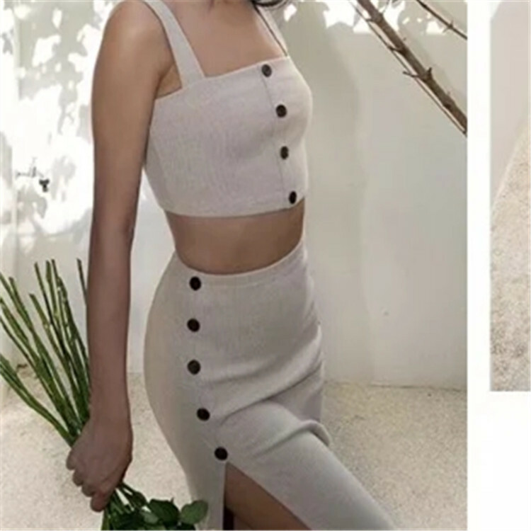 性感休閒 單排釦上衣+高腰開衩裙(套裝)