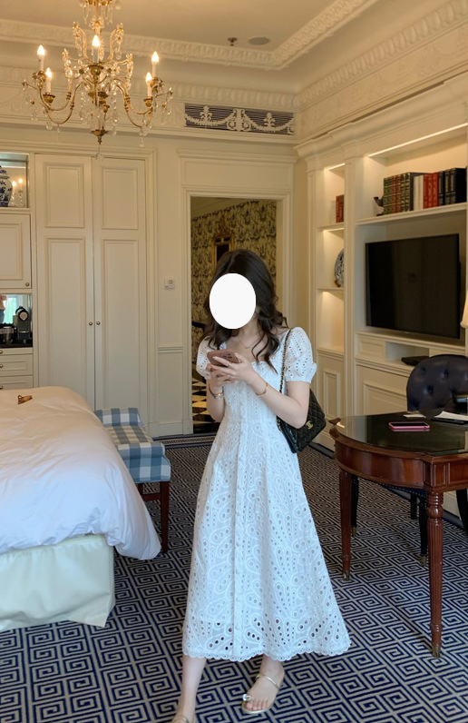 法式刺繡 方領長洋裝