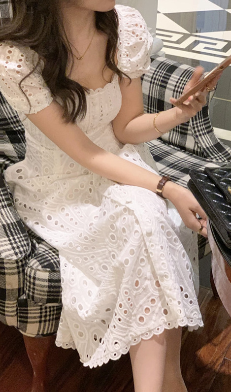 法式刺繡 方領長洋裝