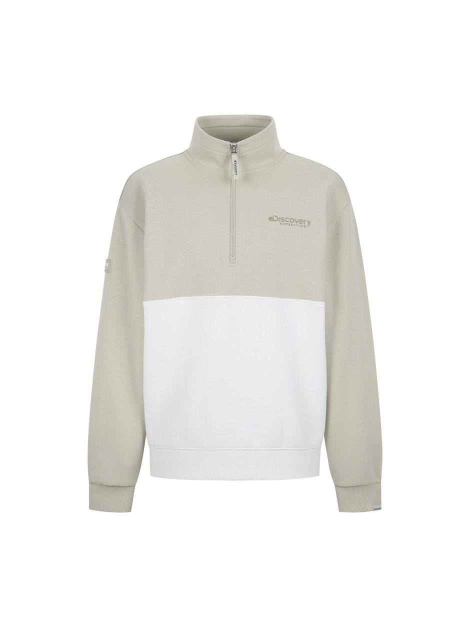 Discovery 拼色 半拉鍊 T 恤 微高領 休閒 淺褐色 男