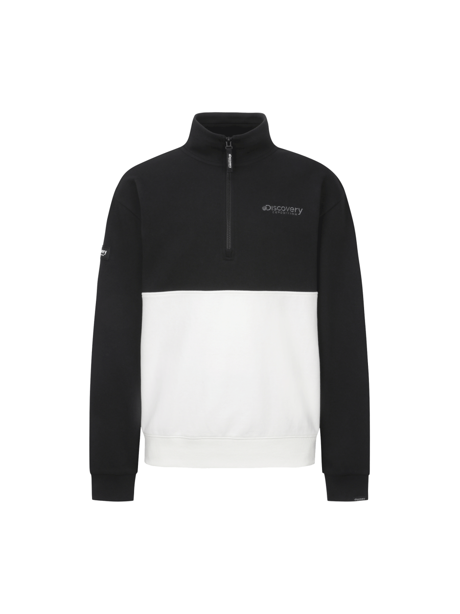 Discovery 拼色 半拉鍊 T 恤 微高領 休閒 黑色 男