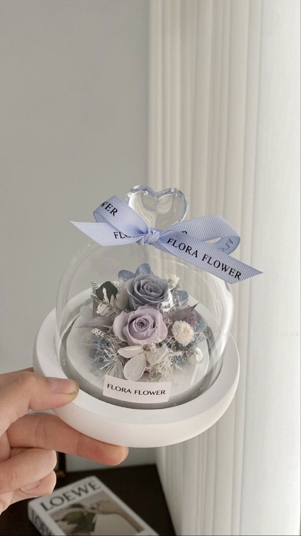 永生花愛心玻璃罩夜燈 -霧灰藍紫