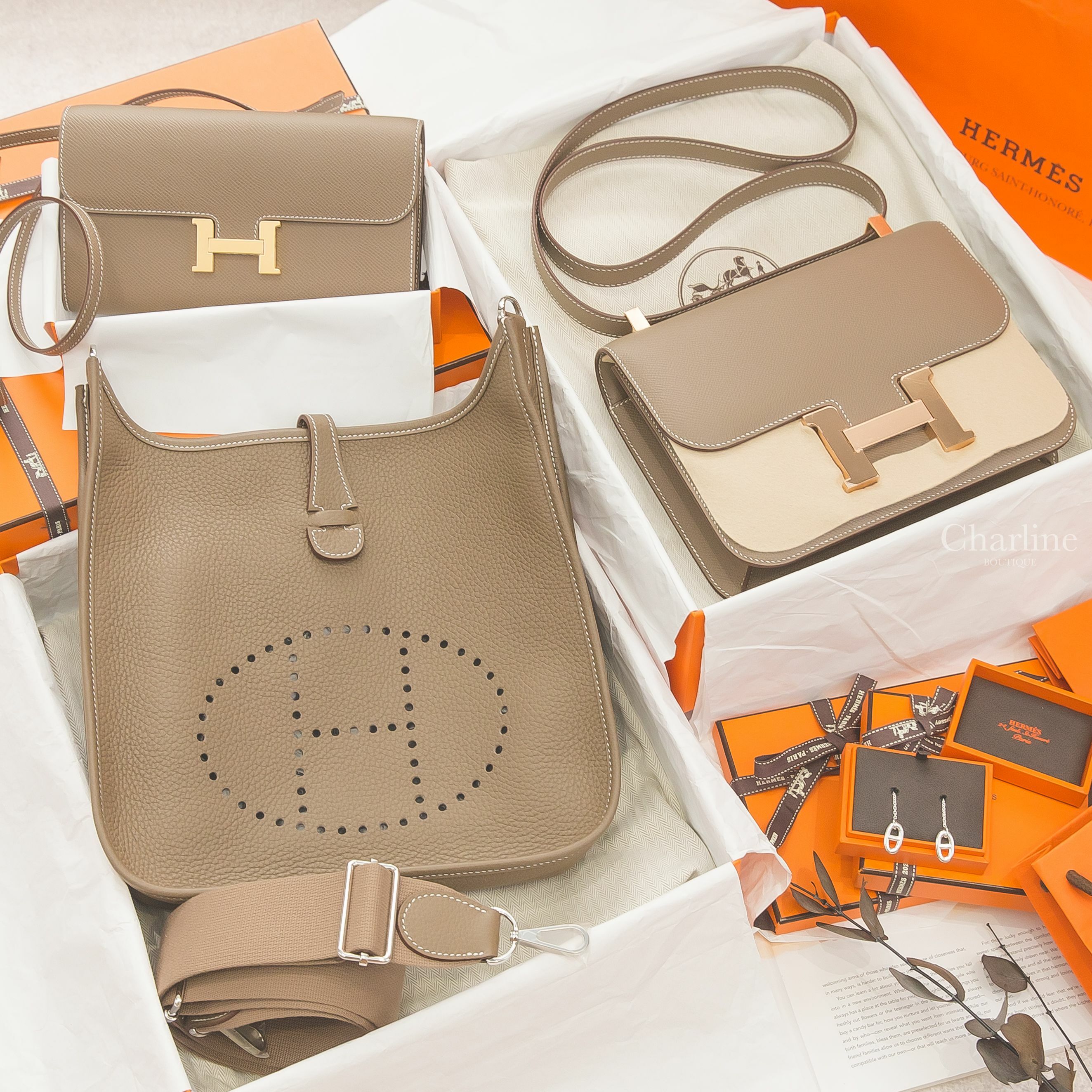 Hermès Evelyne 大象灰銀釦,Hermès Constance Slim 大象灰金釦短夾,Hermès Constance 大象灰玫瑰金釦,Hermès Earrings 銀色θ垂墜耳環-Charline Boutique 精品代購