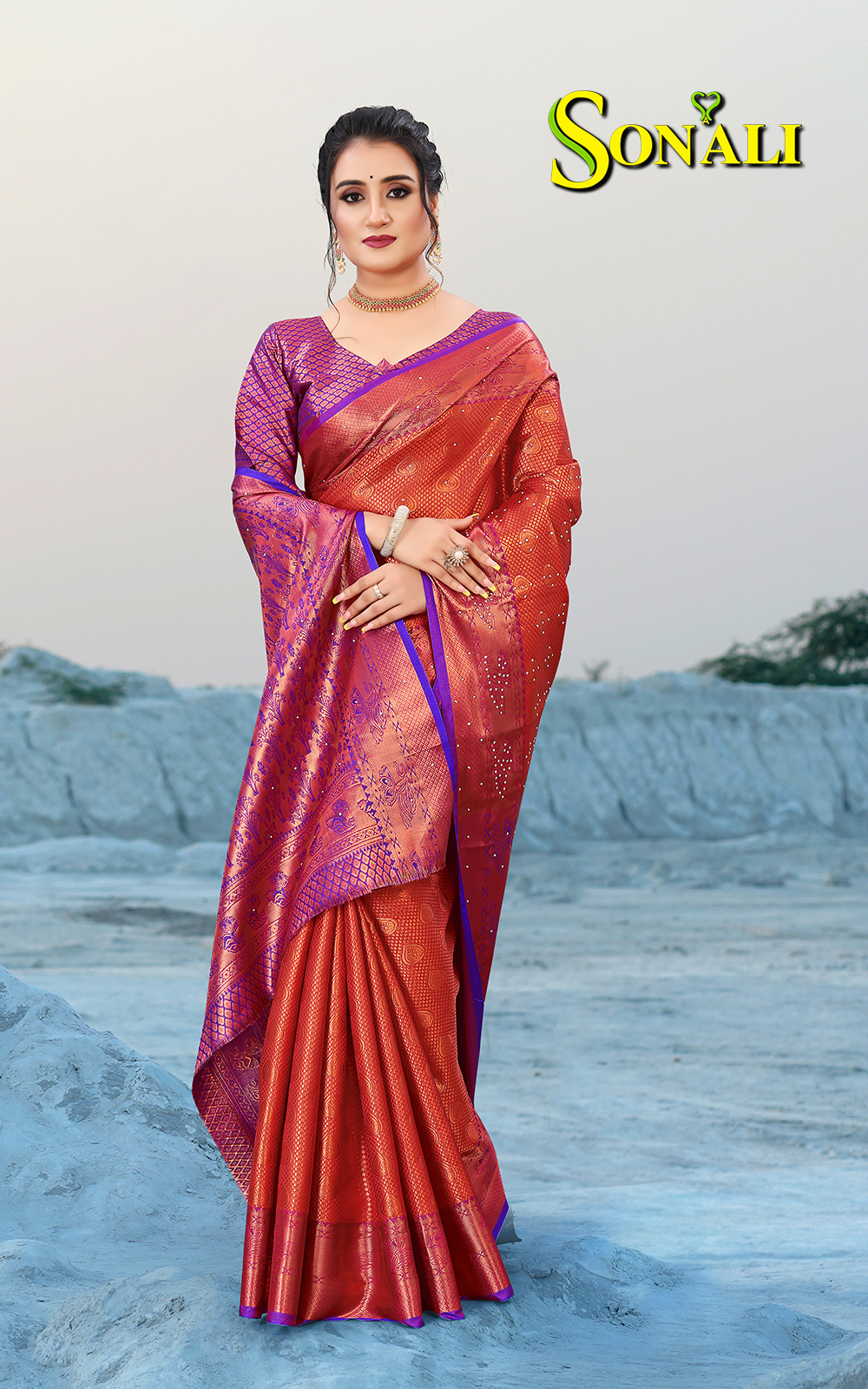 Sonali Premier Quality Women Sarees | Semi Kanchipuram (Silver / Copper Brocade with Diamonds) Sarees - Q1752A/Q1752B/Q1752C/Q1752D/Q1752E
