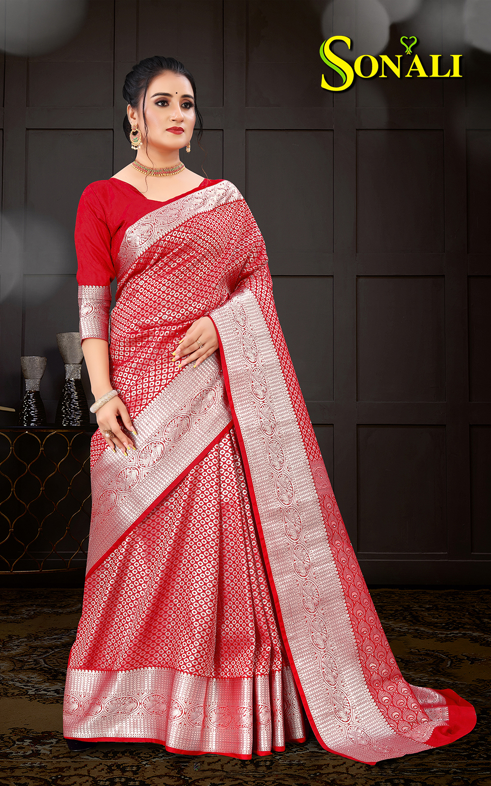 Sonali Premier Quality Women Sarees | Semi Kanchipuram (Silver / Copper Brocade with Diamonds) Sarees - Q1751A/Q1751B/Q1751C/Q1751D