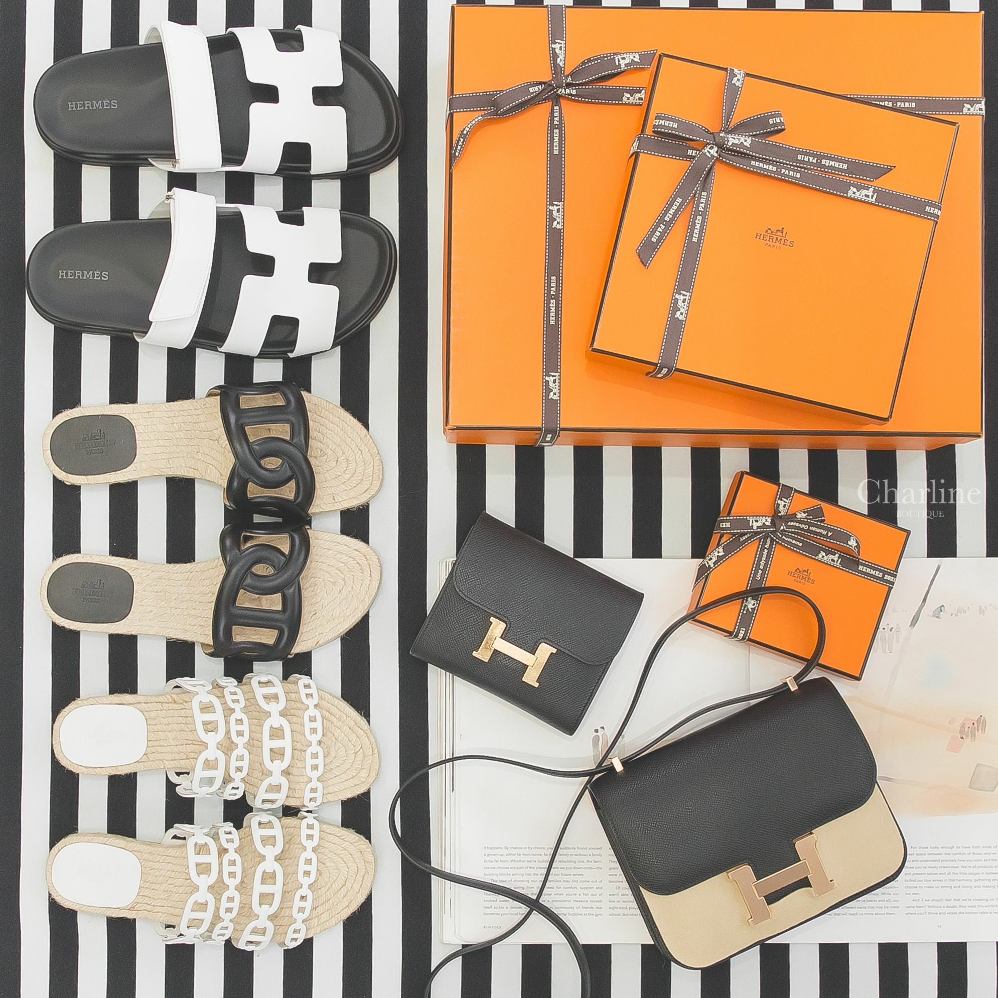 Hermès 黑色θ草編拖鞋,Hermès 白色θ草編拖鞋,Hermès 白色牛皮魔鬼氈拖鞋,Hermès Constance 黑色玫瑰金釦,Hermès Constance Compact 黑色玫瑰金釦-Charline Boutique 精品代購