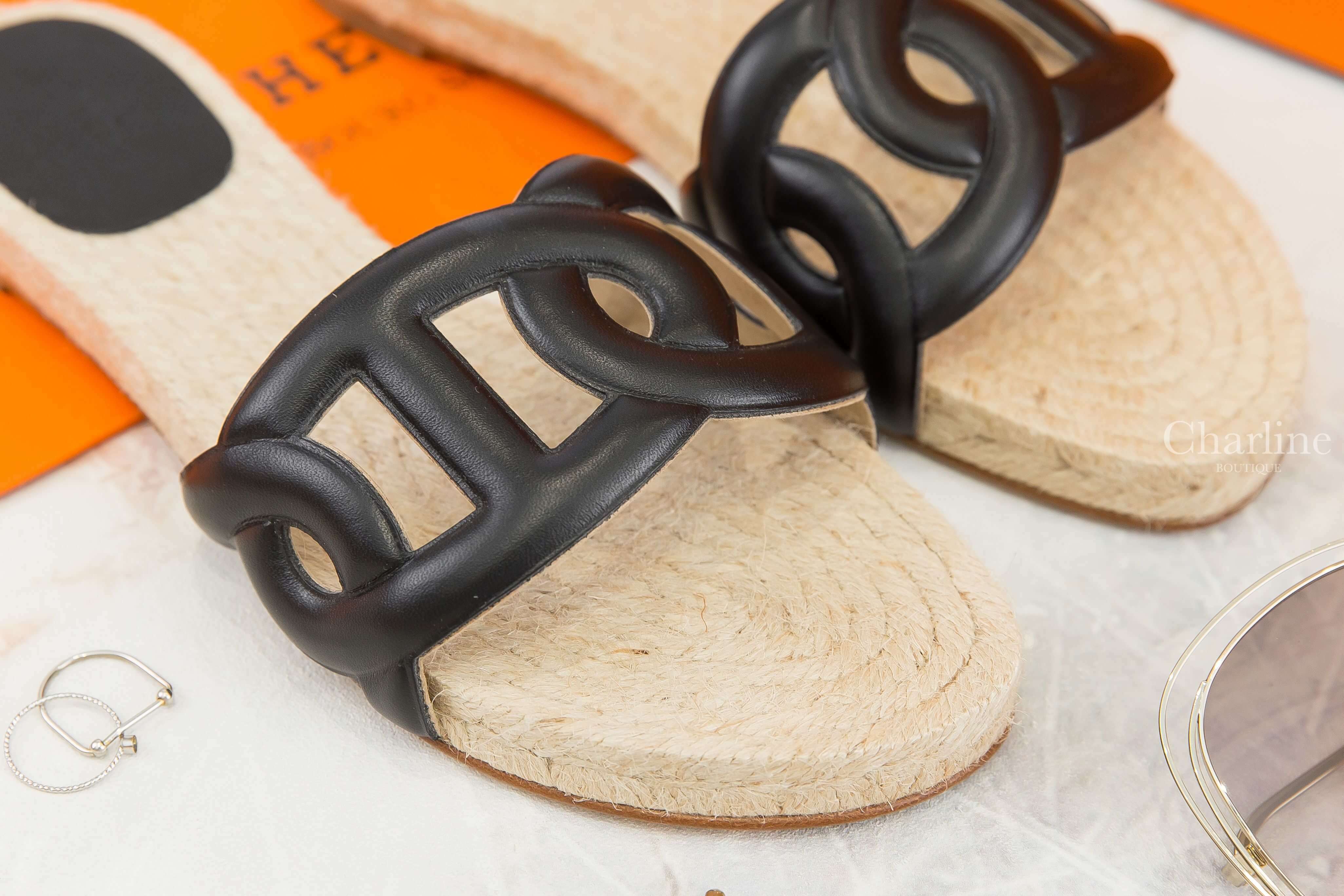 Hermès Famosa Espadrille 黑色山羊皮θ草編平底拖鞋