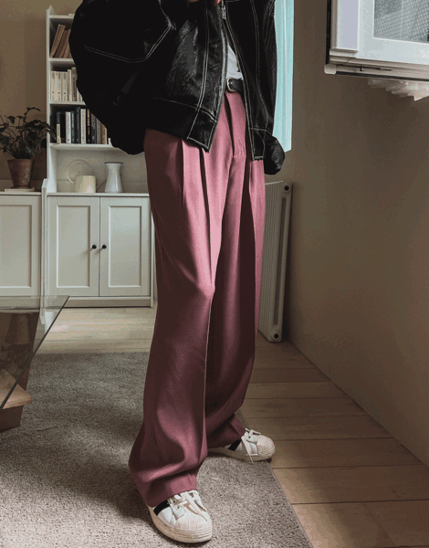 日常雙摺後側鬆緊帶寬鬆西裝褲