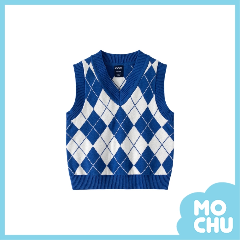 (90cm現貨)藍白菱格V領毛衣背心