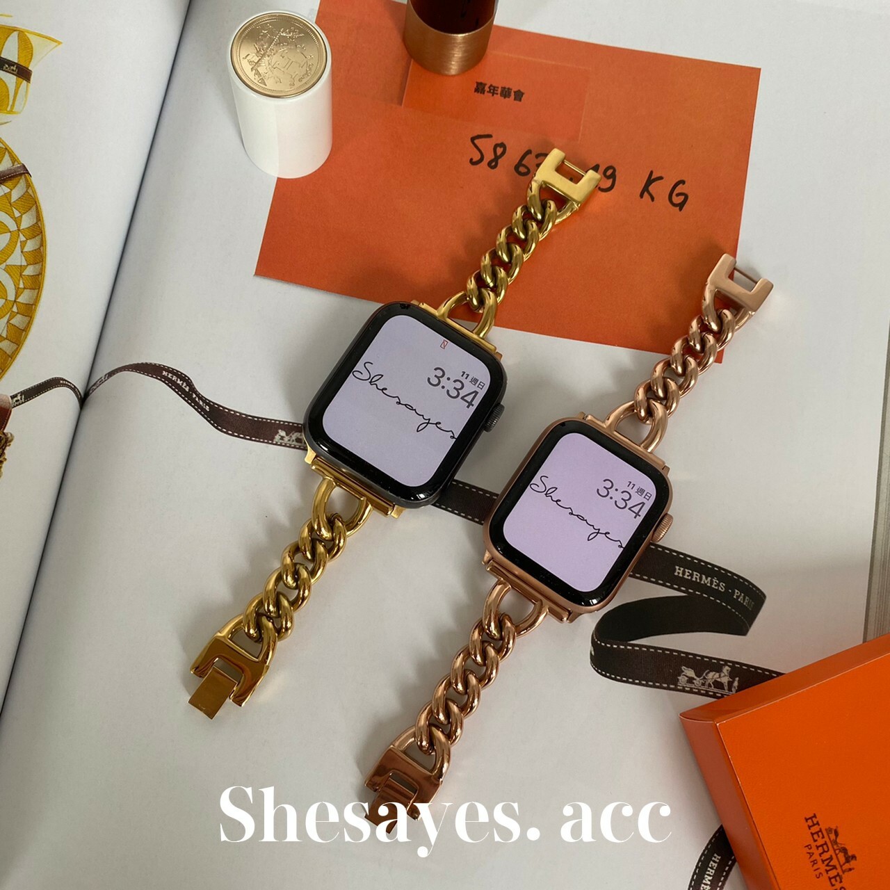 APPLE WATCH不鏽鋼細版鍊條錶帶[金色/玫瑰金]