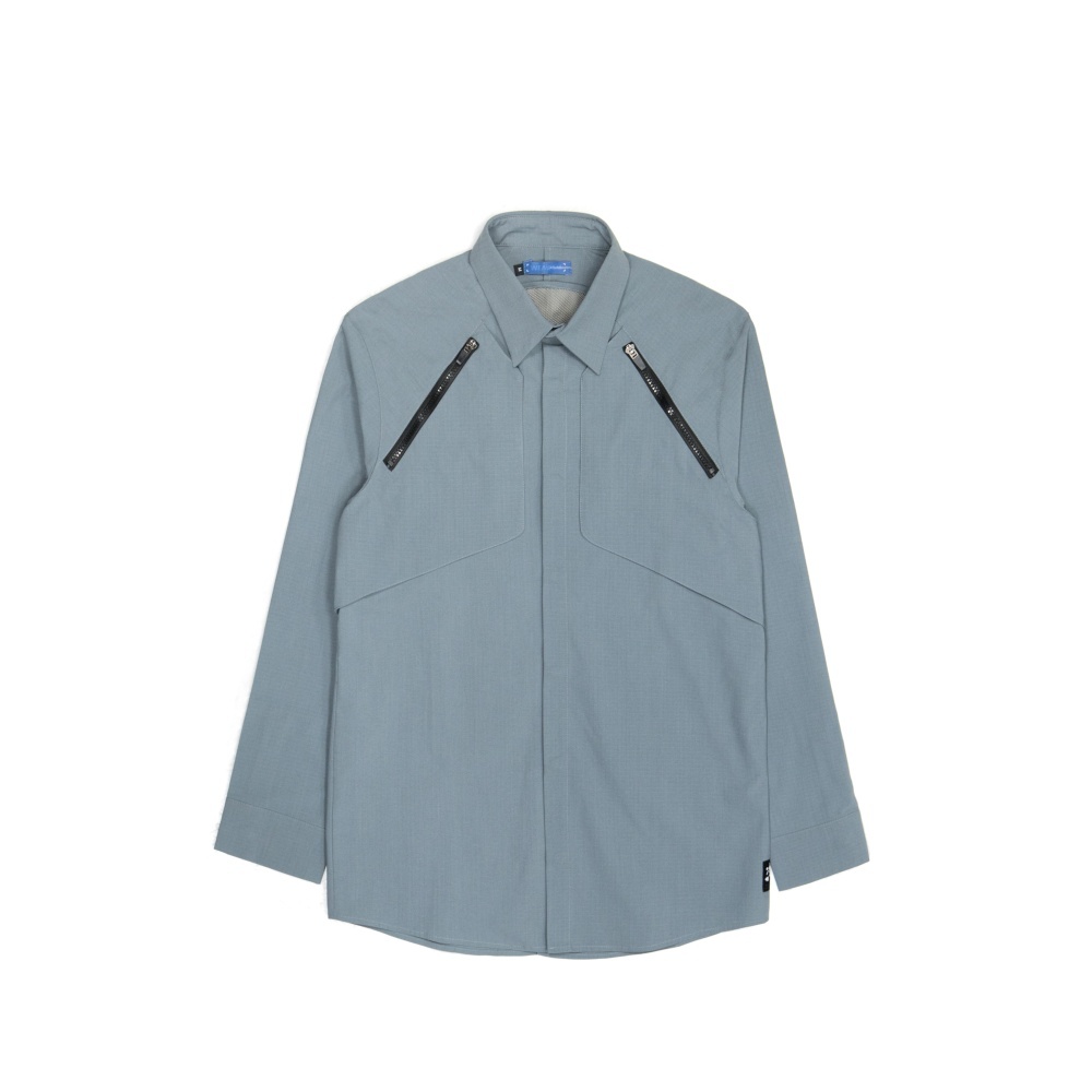 後活片透氣長袖襯衫-灰藍