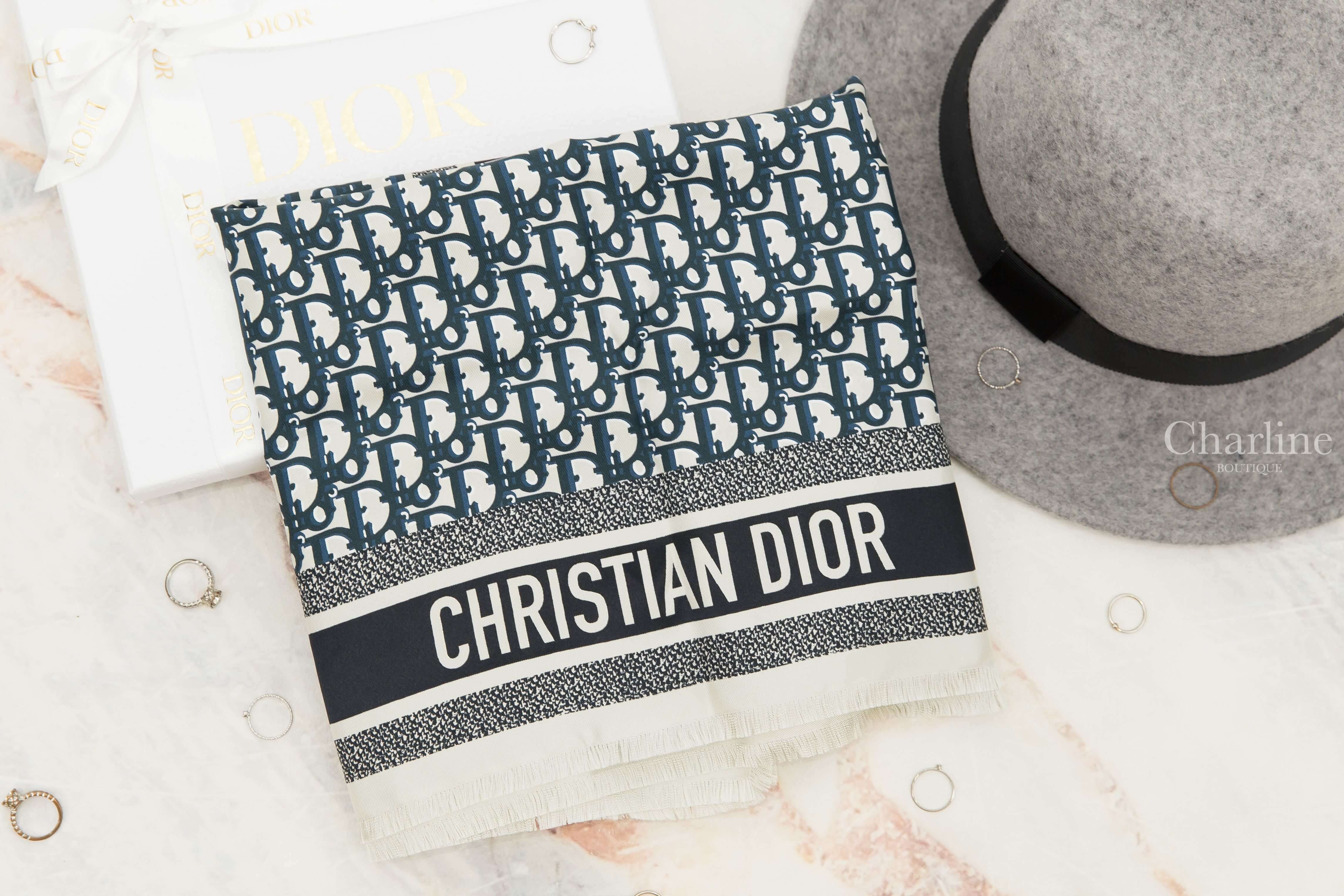Dior Dior Oblique Diortwin 70 Square Scarf 海軍藍滿版老花白色抽鬚滾邊真絲方巾-Charline Boutique 精品代購