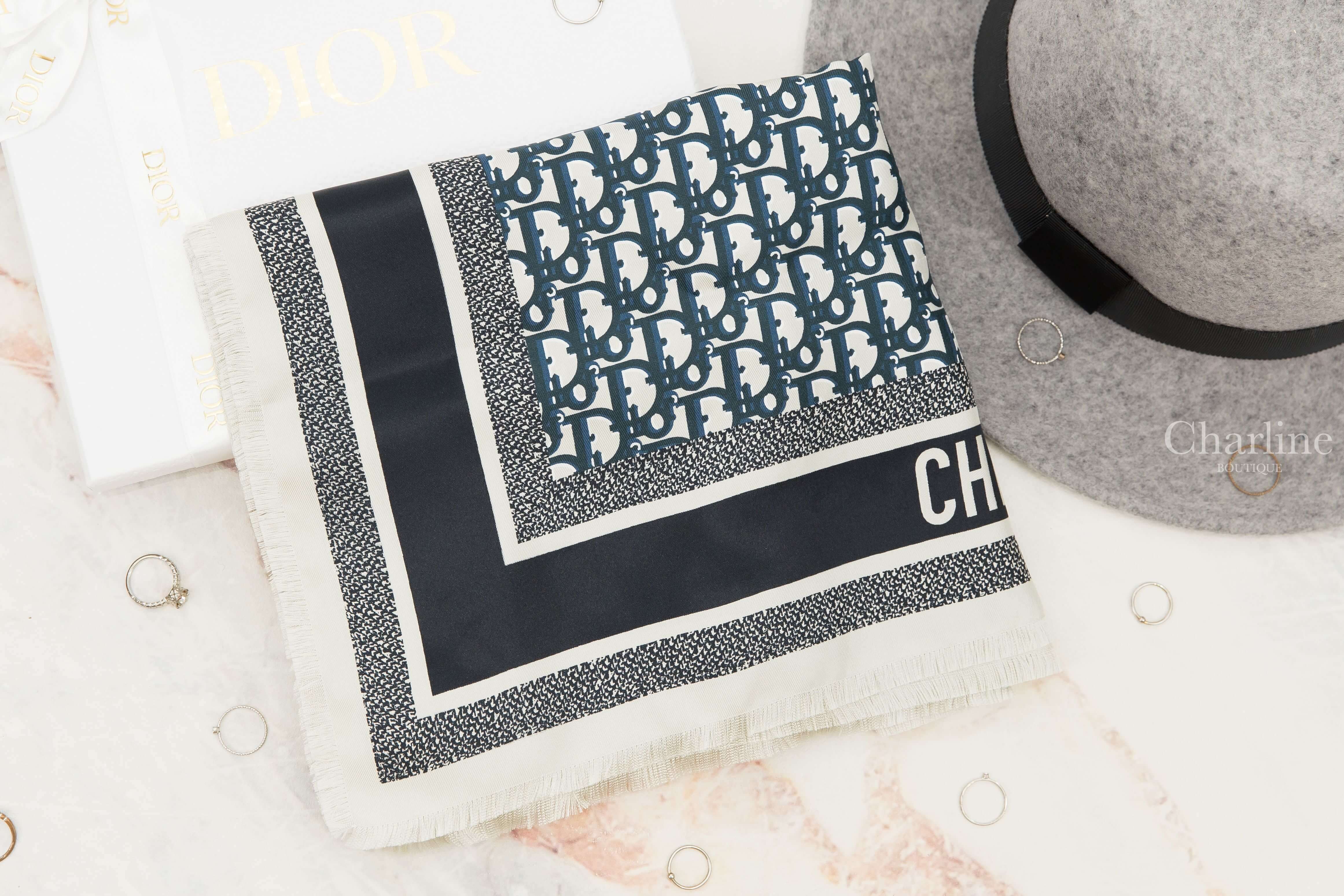 Dior Dior Oblique Diortwin 70 Square Scarf 海軍藍滿版老花白色抽鬚滾邊真絲方巾