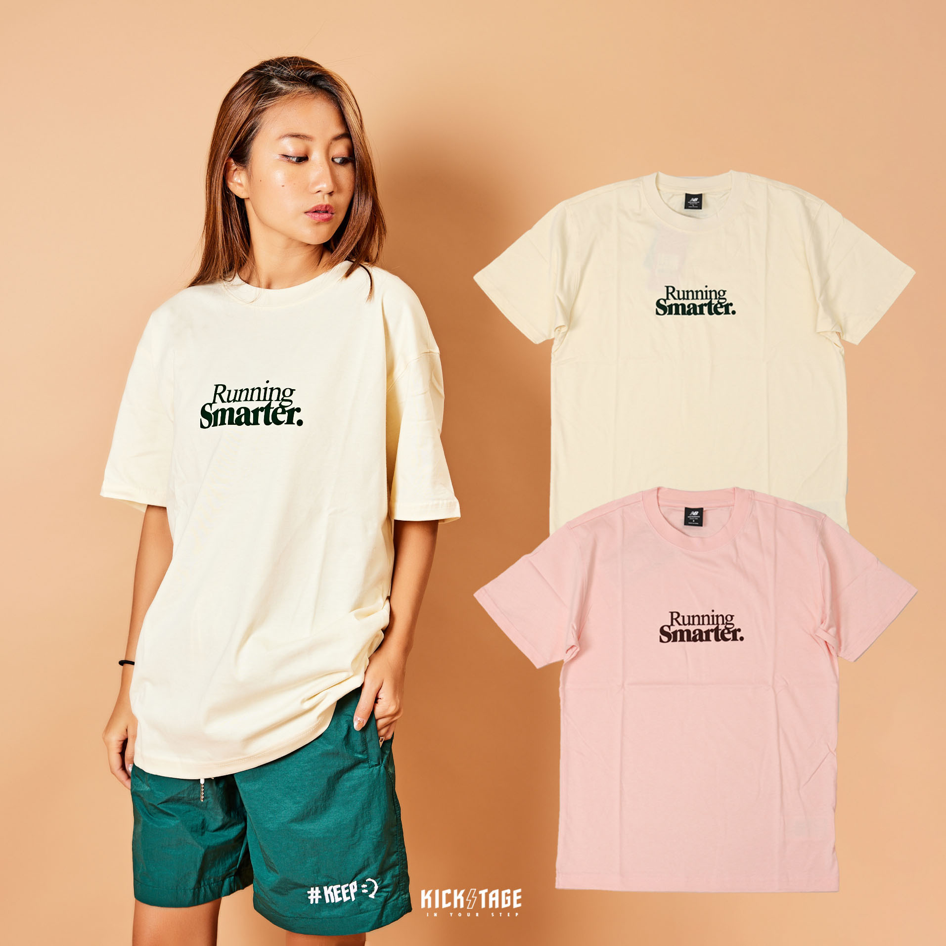 **特價商品售出不退換**男女款 NEW BALANCE ATH SS TEE 粉色 米黃 絨面LOGO 標語 跑步 短T【AMT23561】