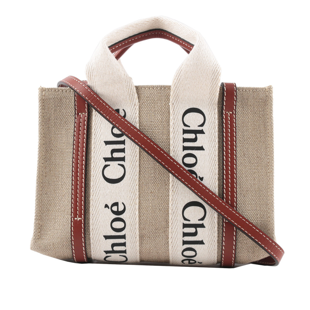 【Chloé】Woody 帆布拼牛皮手提/斜背二用托特包(迷你)(焦糖色)