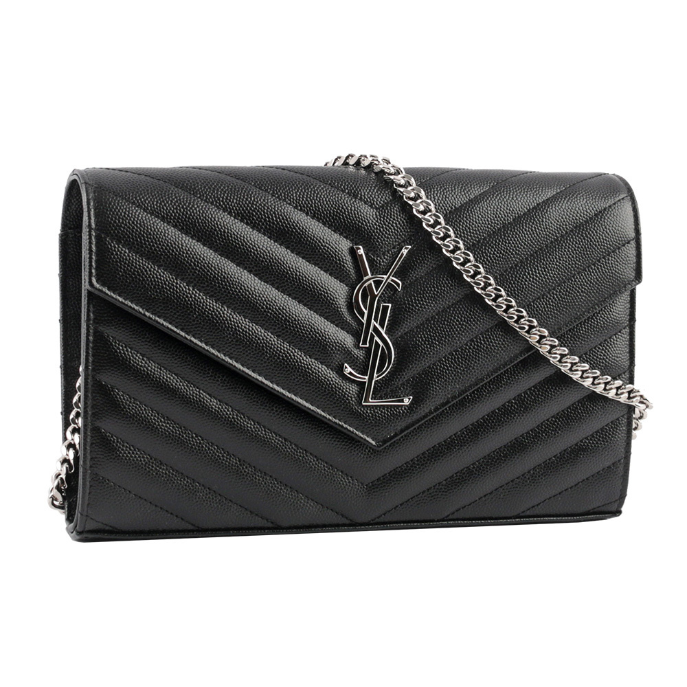 【YSL/ Saint Laurent Paris】 MONOGRAM 魚子醬V紋牛皮銀字手拿/斜背包(黑色)