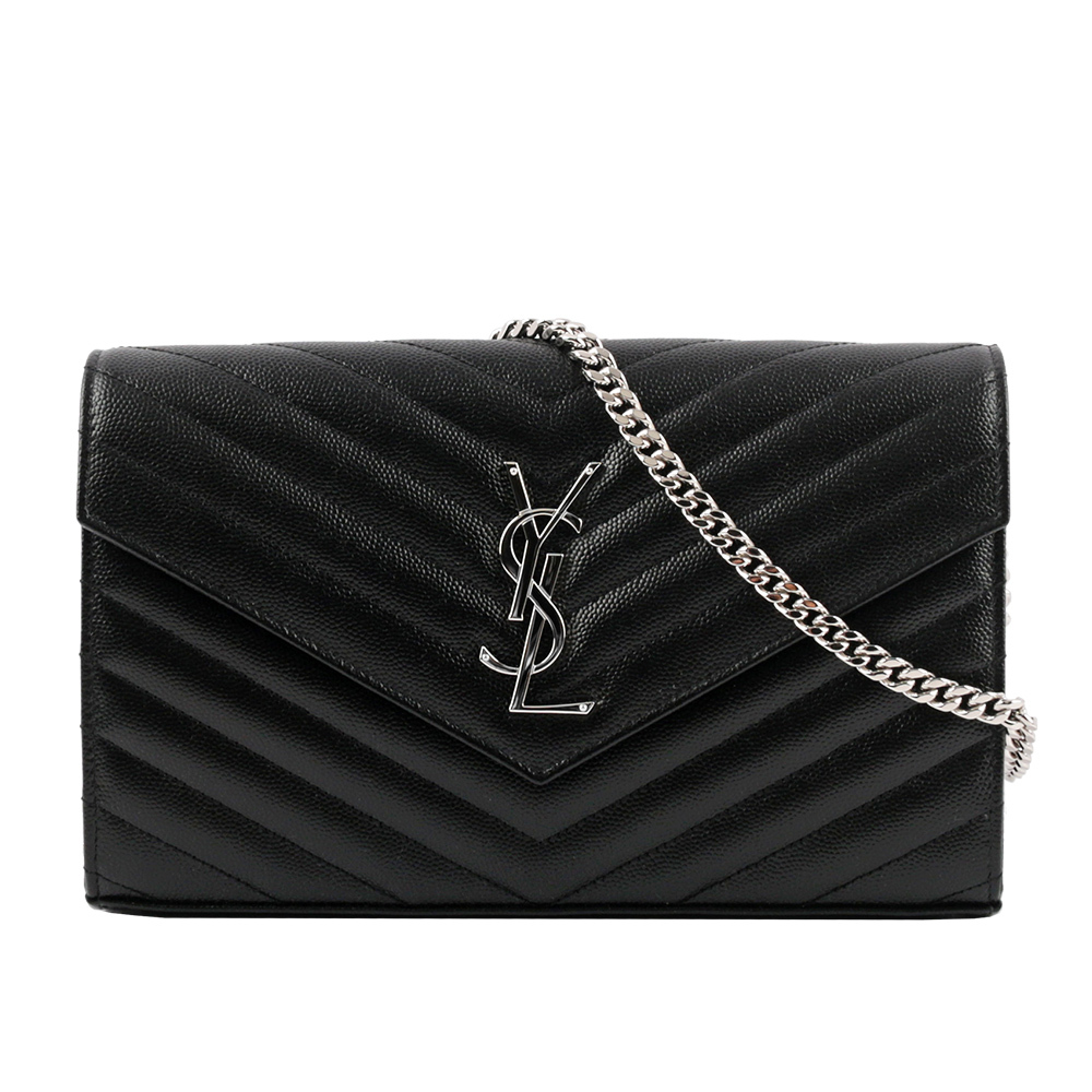 【YSL/ Saint Laurent Paris】 MONOGRAM 魚子醬V紋牛皮銀字手拿/斜背包(黑色)