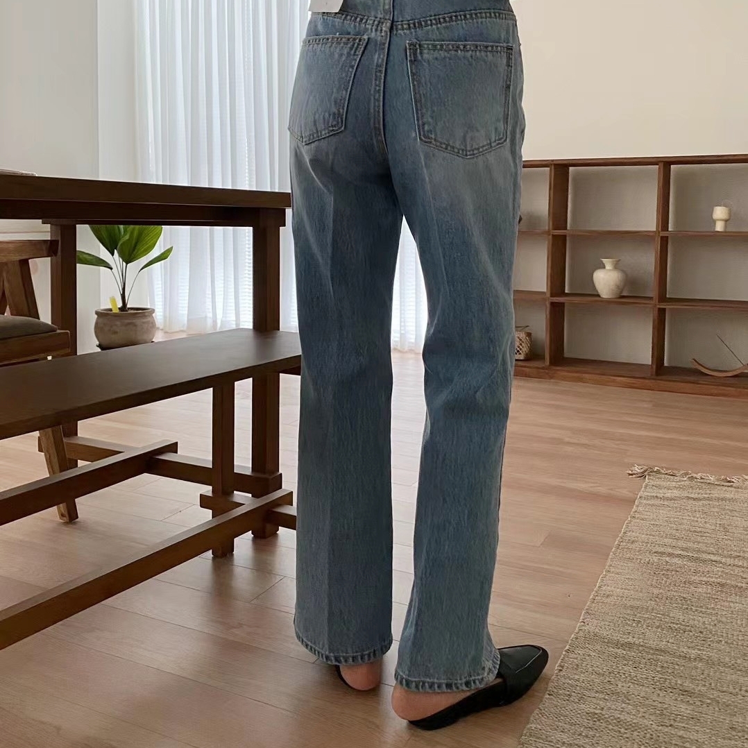 5W13 復古顯瘦水洗排扣牛仔褲 藍色