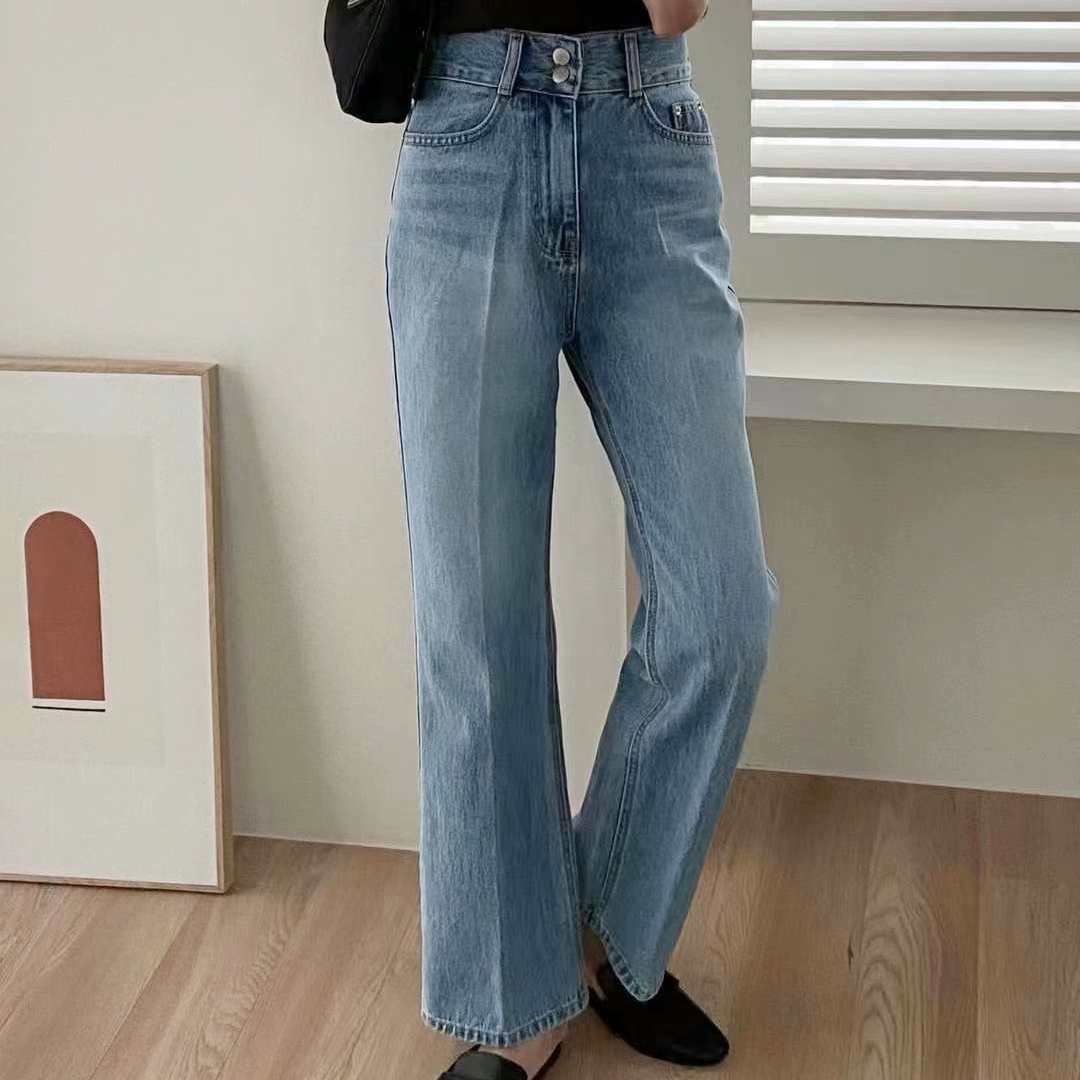 5W13 復古顯瘦水洗排扣牛仔褲 藍色