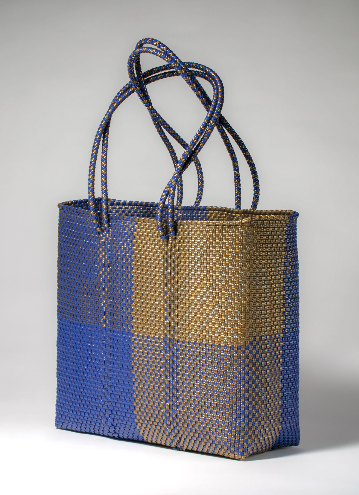 墨西哥環保手工編織MERCADO包-2296WB-34X33cm-藍金方紋