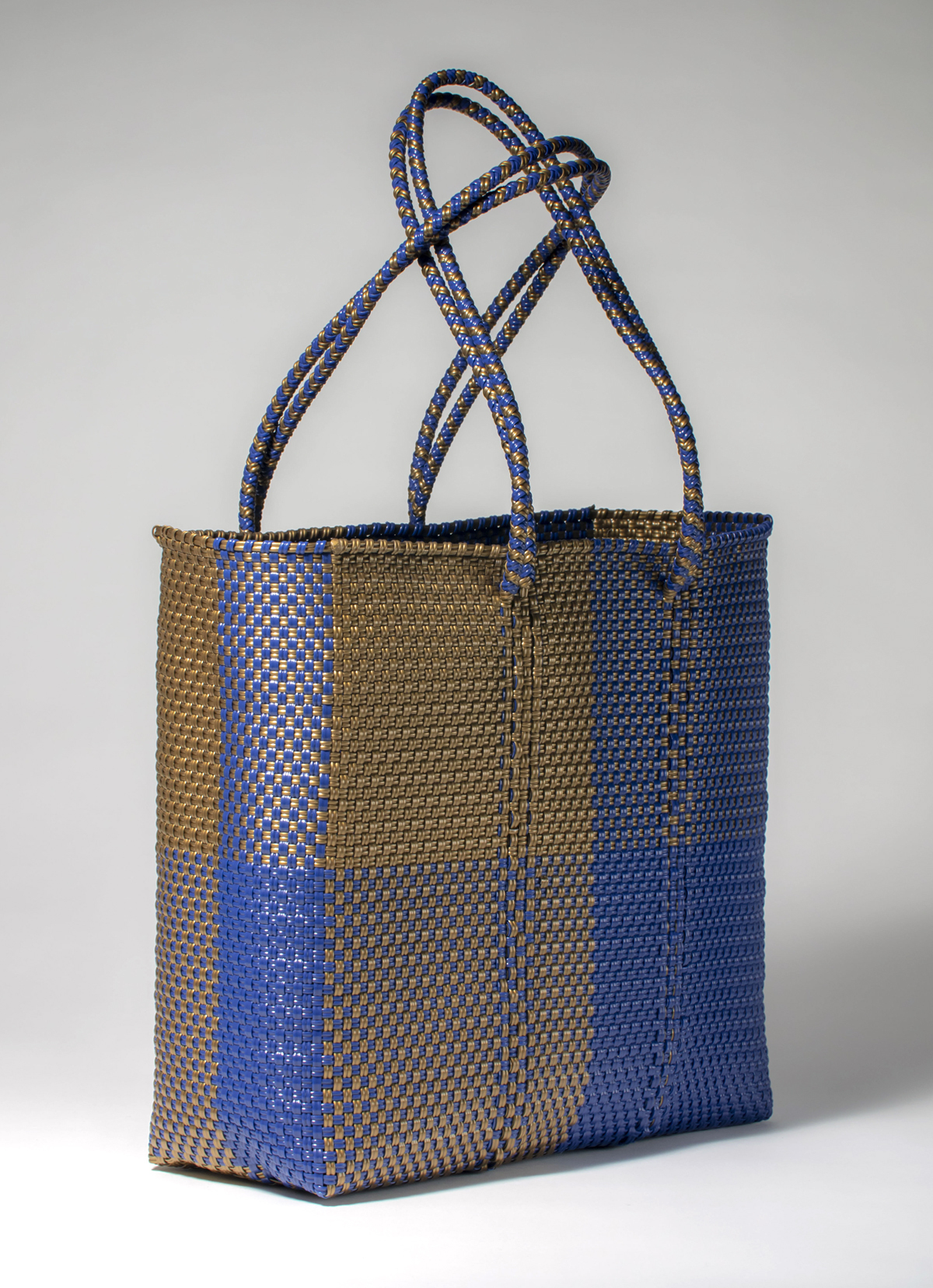 墨西哥環保手工編織MERCADO包-2296WB-34X33cm-藍金方紋