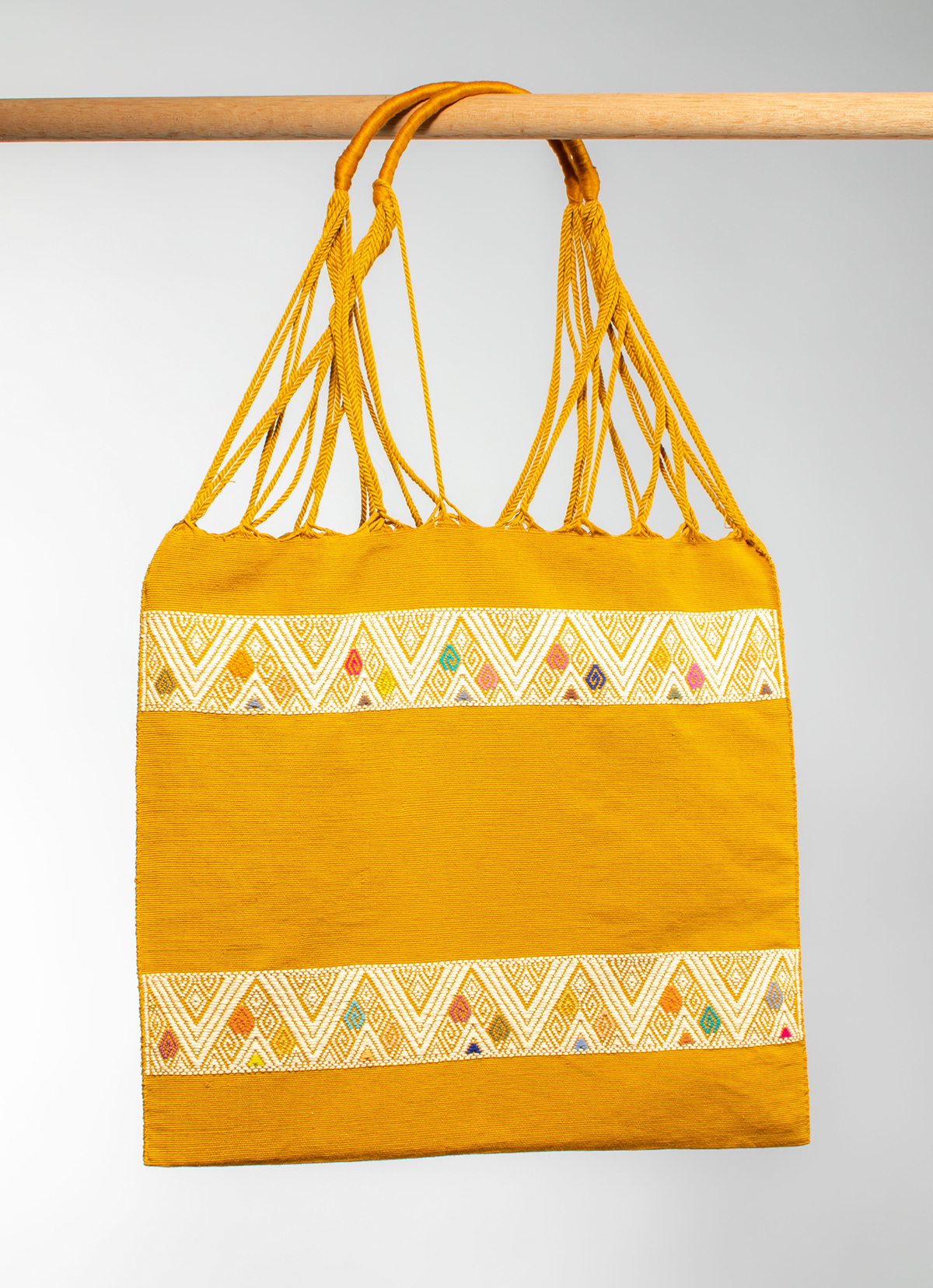 墨西哥腰機技藝手工腰織吊床包-2293WB-41X39cm-線條黃刺繡