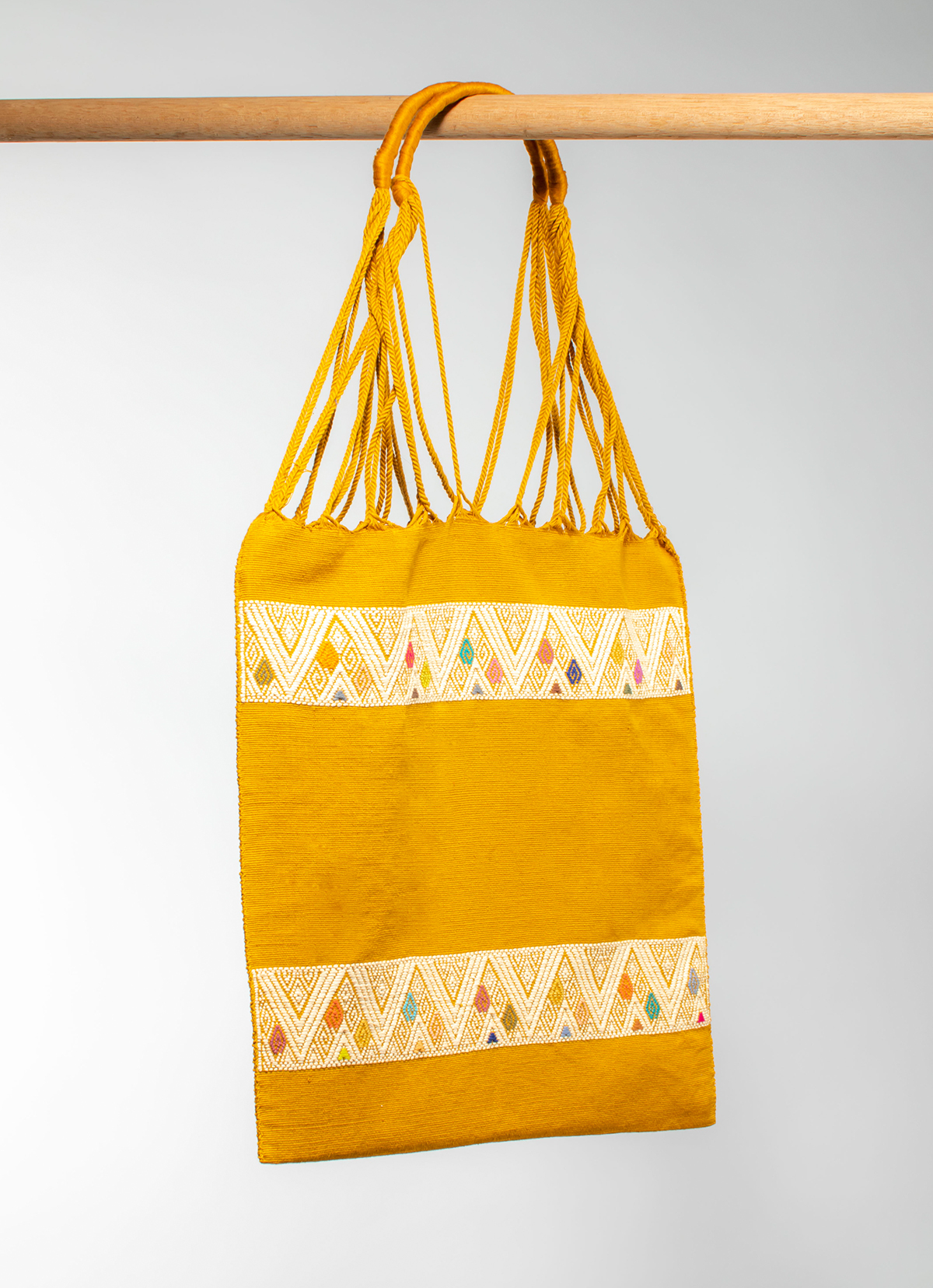 墨西哥腰機技藝手工腰織吊床包-2293WB-41X39cm-線條黃刺繡