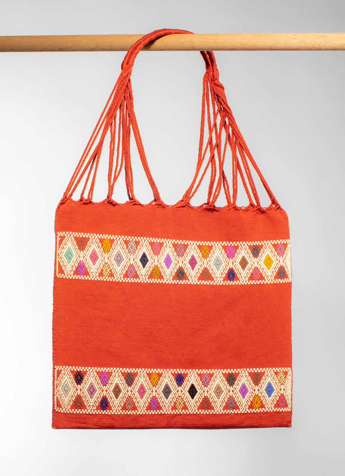 墨西哥腰機技藝手工腰織吊床包-2293WB-41X39cm-線條紅刺繡