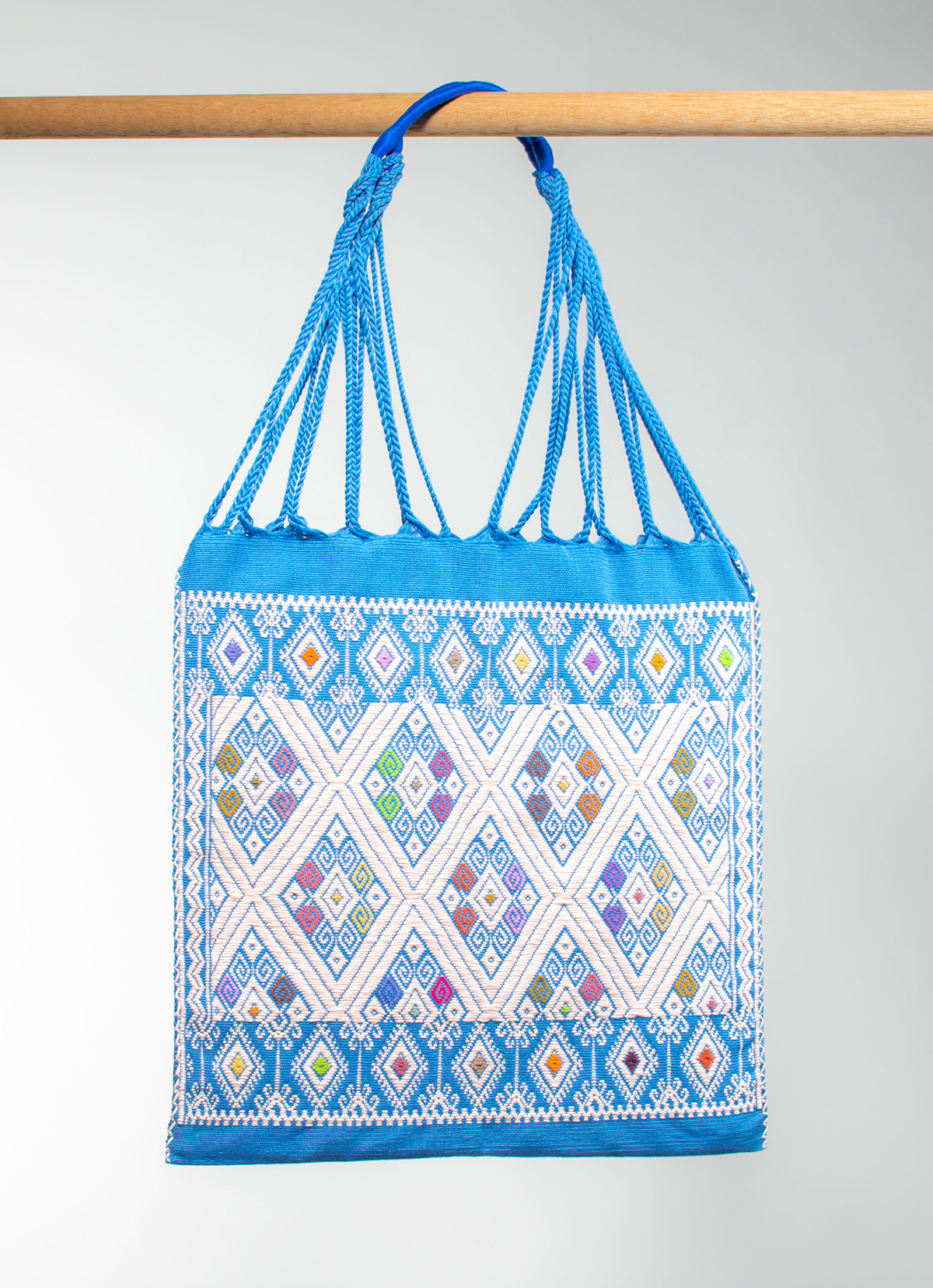 墨西哥腰機技藝手工腰織吊床包-2292WB-41X39cm-全版天藍刺繡