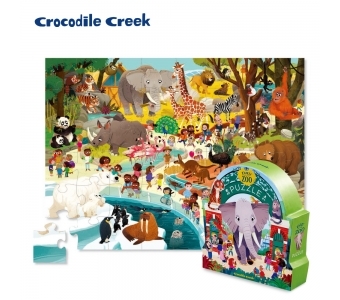 【 美國Crocodile Creek 】博物館造型盒學習拼圖-動物園