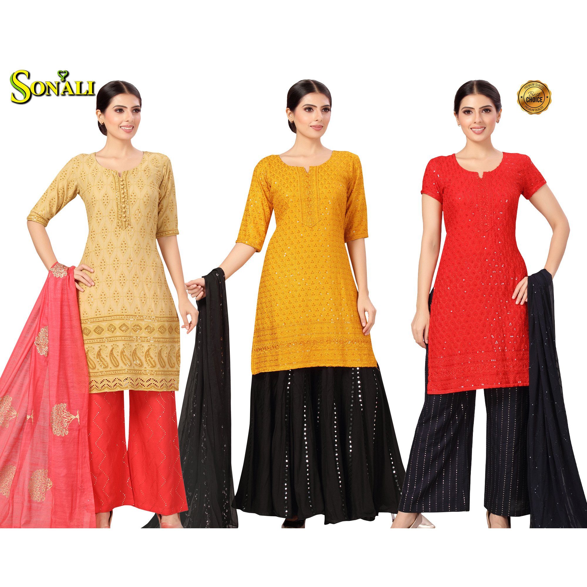 Sonali Premier Quality Women's Cool Rayon with Front & Back Sequins Tops with Pocket and Palazzo - Q1777/Q1779A/Q1779B/Q1778/Q1780