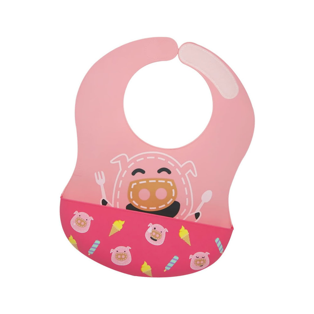 【加拿大MARCUS＆MARCUS】動物樂園大口袋寬版矽膠立體圍兜-粉紅豬