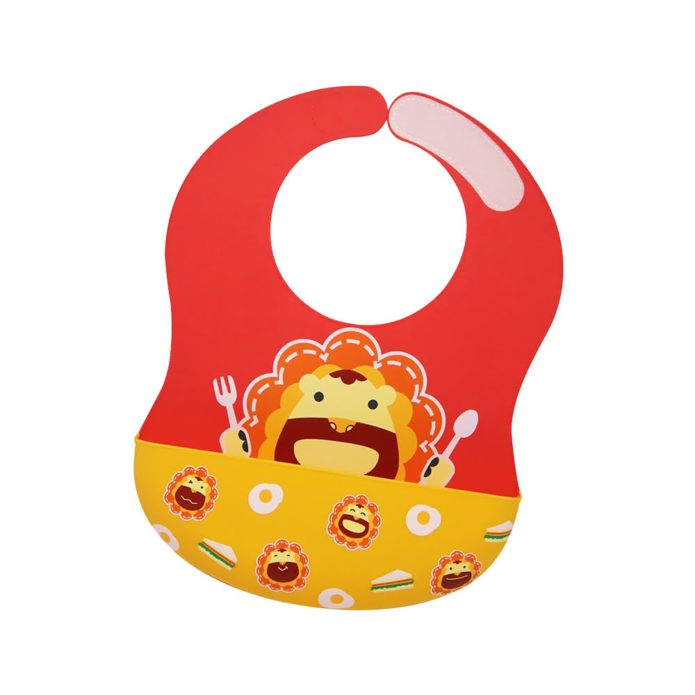 【加拿大MARCUS＆MARCUS】動物樂園大口袋寬版矽膠立體圍兜-獅子