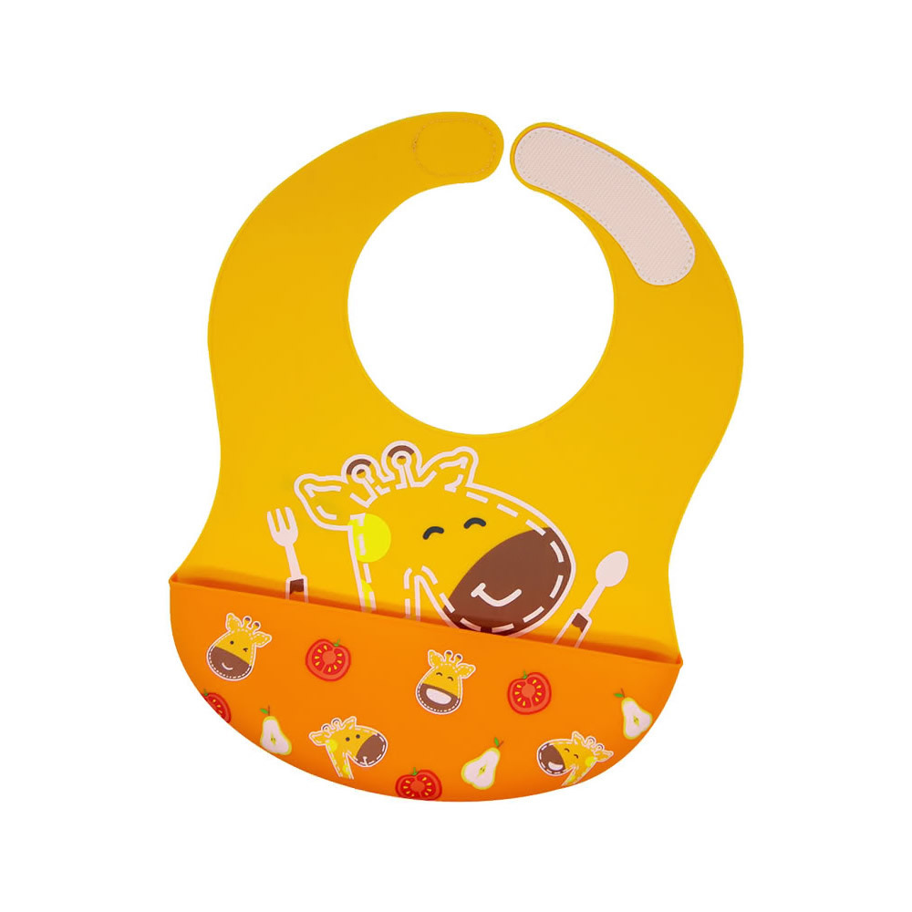 【加拿大MARCUS＆MARCUS】動物樂園大口袋寬版矽膠立體圍兜-長頸鹿