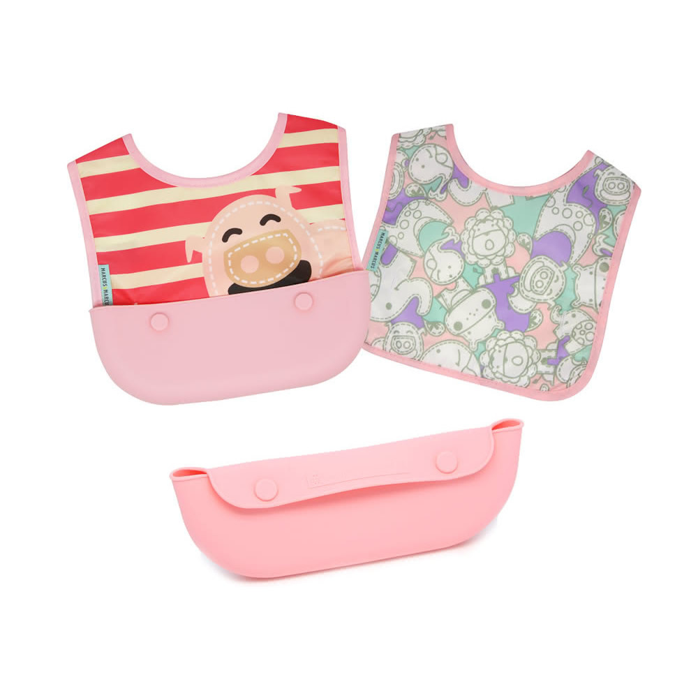 【加拿大MARCUS＆MARCUS】動物樂園3合1大口袋旅行圍兜-粉紅豬