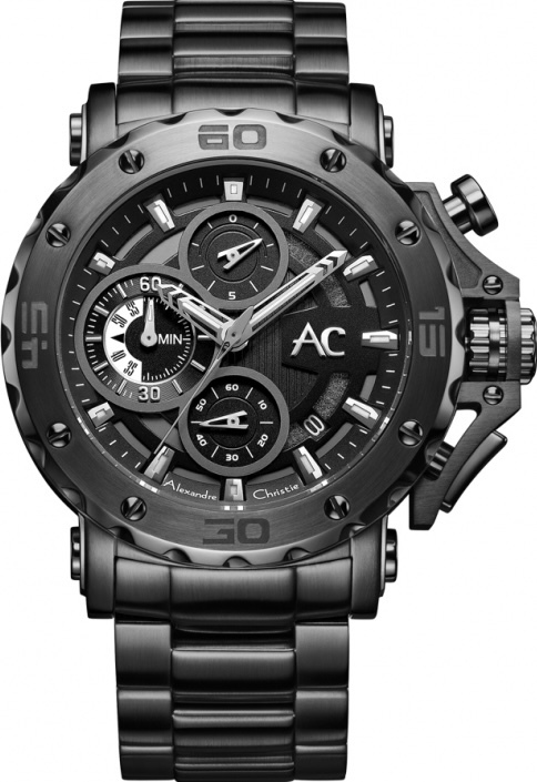 萬年鐘錶 - Alexandre Christie  9205MC系列  霸氣全黑三眼計時男錶 9205MCBEPBA 錶徑47MM