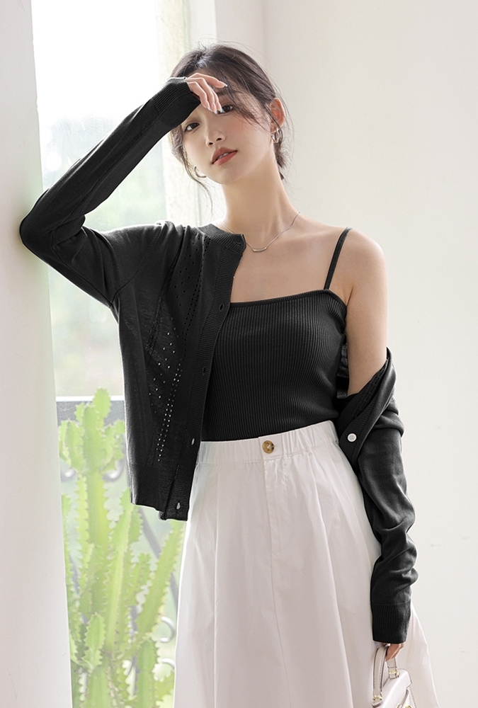 黑XL【零碼出清不退換】鏤空針織背心套裝