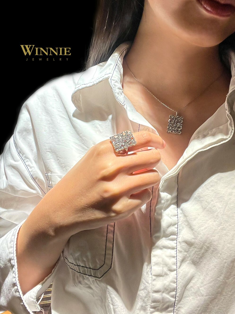 天然水晶鑲滿華麗方形戒