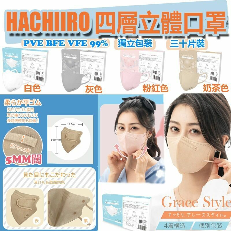 日本HACHIIRO四層立體口罩(獨立包裝)(1盒30個)