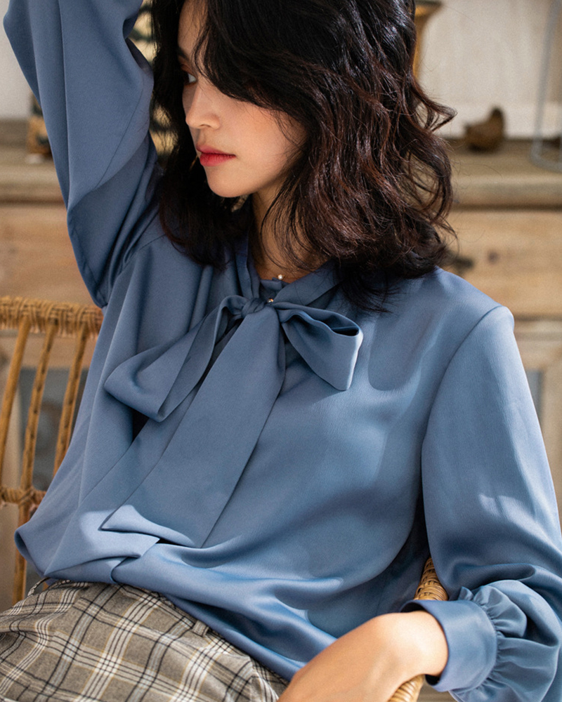 蝴蝶結綁帶珠釦雪紡襯衫 三色