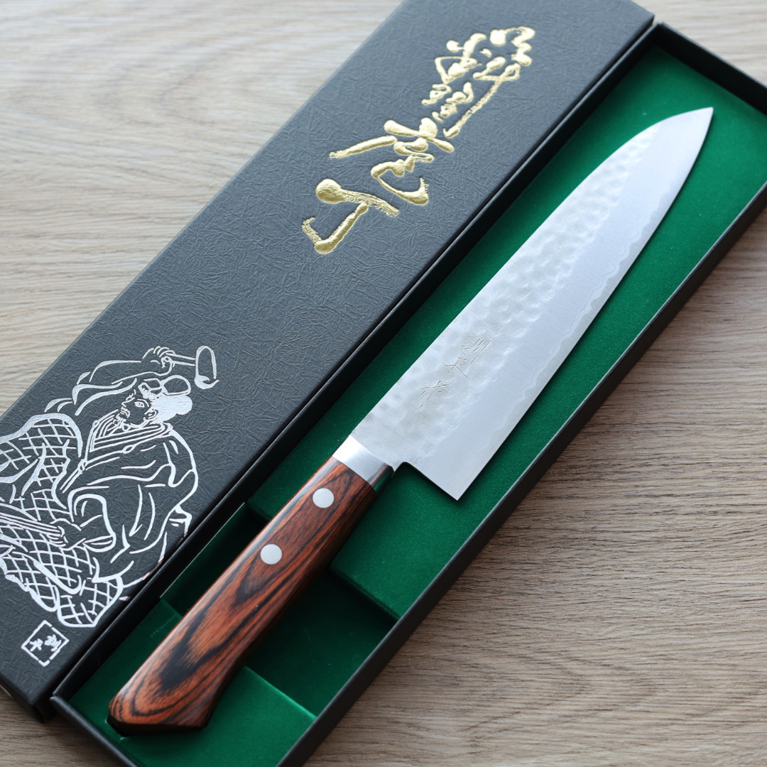 增谷訓生 牛刀 180mm VG10鋼 鎚目大馬士革 刻流 桃花心木柄