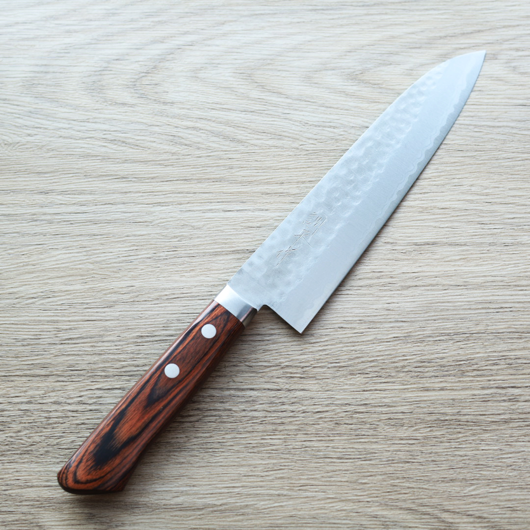 增谷訓生 牛刀 180mm VG10鋼 鎚目大馬士革 刻流 桃花心木柄