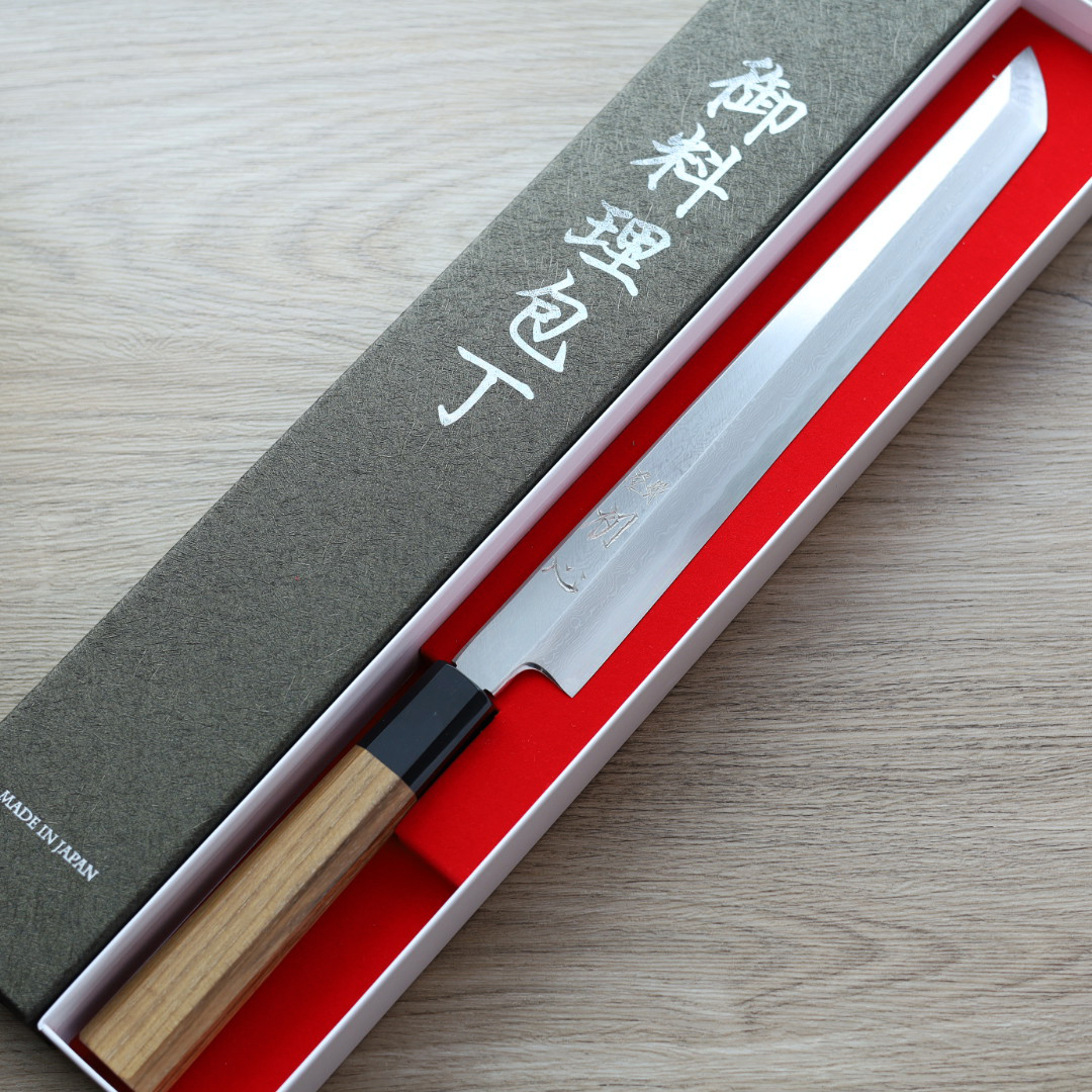 中川打刃物 初心 先丸柳刃 270mm VG10 墨流/付鞘