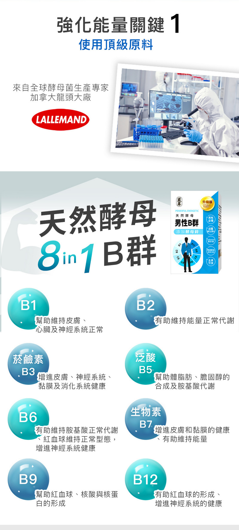強化能量關鍵1使用頂級原料來自全球酵母菌生產專家加拿大龍頭大廠LALLEMANDB1天然酵母群幫助維持皮膚、心臟及神經系統正常菸鹼素B3B6增進皮膚、神經系統、黏膜及消化系統健康B2泛酸B5POWERFUL ENERGETIC天然酵母男性B群添加酵母鋅 版有助維持能量正常代謝幫助體脂肪、膽固醇的合成及胺基酸代謝生物素有助維持胺基酸正常代謝紅血球維持正常型態,增進神經系統健康B9幫助紅血球、核酸與核蛋白的形成B7增進皮膚和黏膜的健康B12有助維持能量有助紅血球的形成、增進神經系統的健康