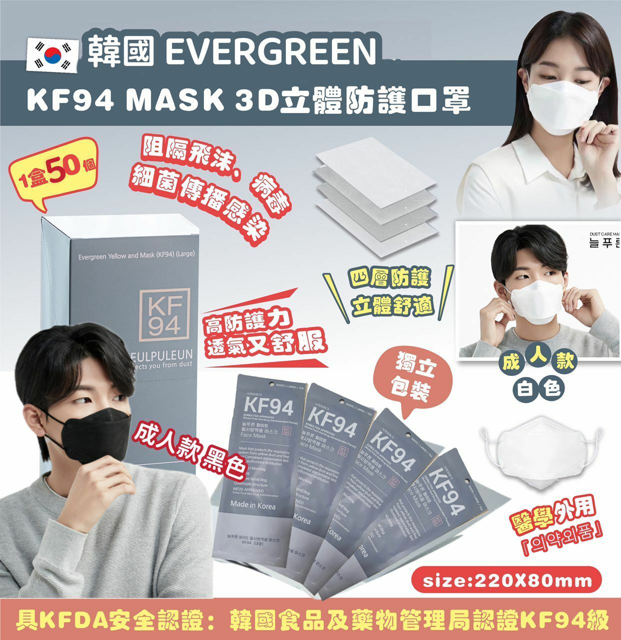 韓國EVERGREEN KF94 MASK四層3D立體防護口罩(1盒50個獨立包裝)