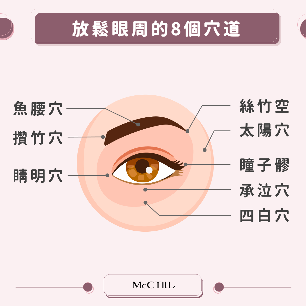 放鬆眼周的8個穴道 睛明→攢竹→魚腰→絲竹空→太陽穴→瞳子髎→承泣→四白