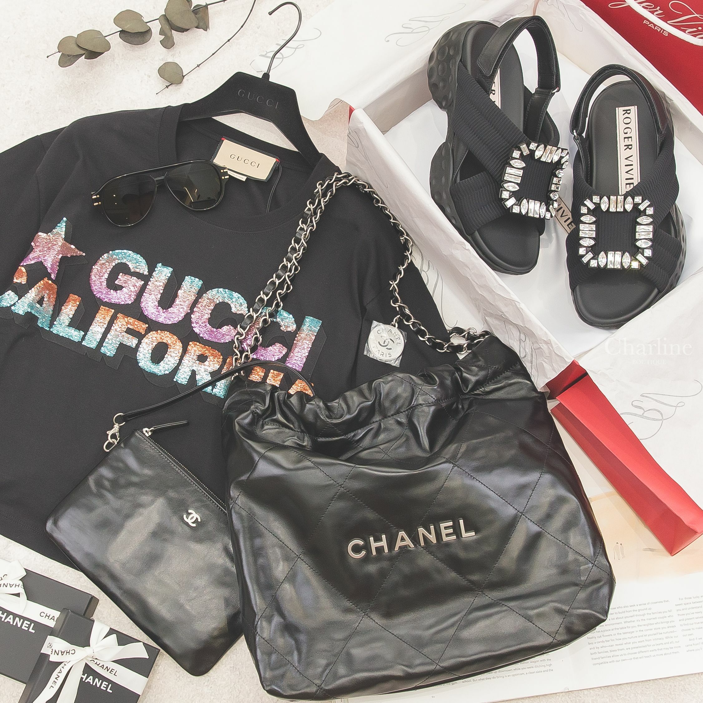 Chanel 22 黑色銀字徽章鍊帶小型牛皮大菱格紋肩背包,Roger Vivier Sandals 黑色水晶方釦太空棉皮革交叉厚底涼鞋,Dior 黑色飛行員邊框灰色鏡片側邊金色Logo太陽眼鏡-Charline Boutique 精品代購